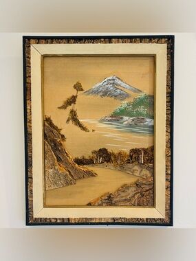 Original Vintage Fine Art Painting on Silk Wall Picture Antique Wood Tree Bark